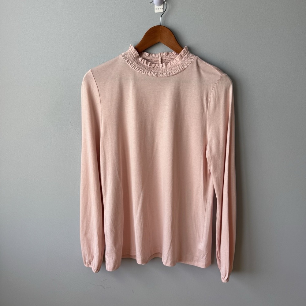 Talbots Women's Pink Mock Neck Blouse Size L Smocked Ruffle Collar Long Sleeve